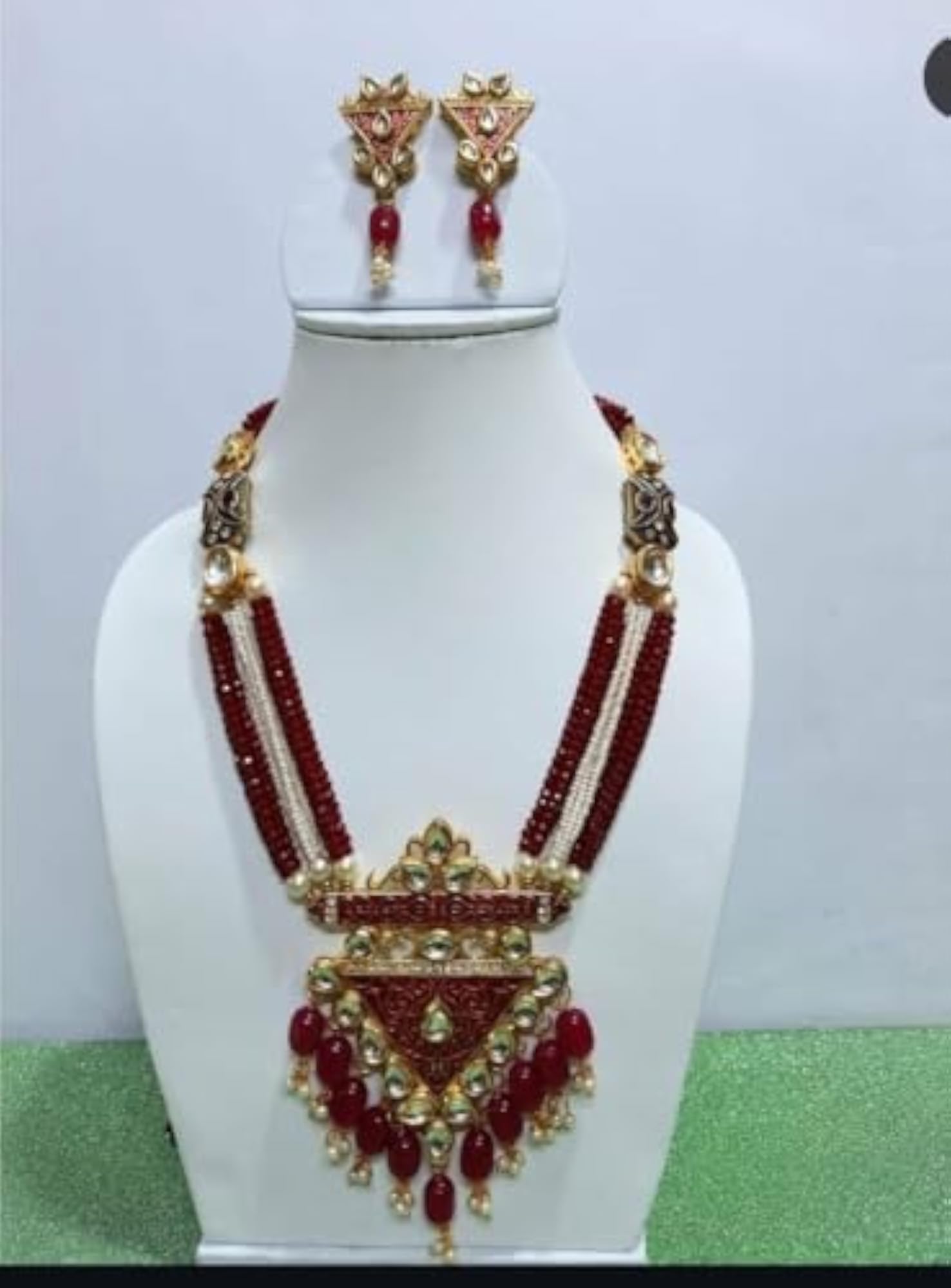 Ruby Red Kundan Meenakari Long Necklace Set with Matching Earrings