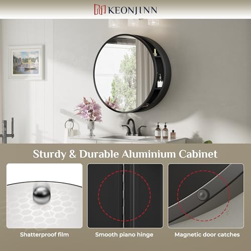 Image of Keonjinn 28 x 28 Inch Round Black Mirror Medicine Cabinet Wall Mounted, Circular Modern Medicine Cabinet with Mirror, Black Framed Medicine Cabinets with Mirror, Vanity Bathroom Mirrors with Storage