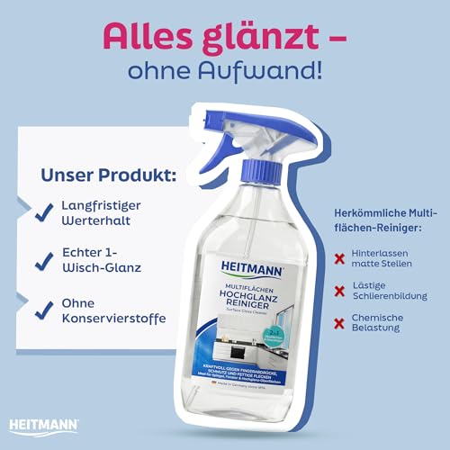 HEITMANN pure Multiflächen Hochglanzreiniger | Kraftvoll gegen Fett & Fingerabdrücke | Streifenfrei auf Glas, Möbel & Hochglanzoberflächen | 2in1 Formel | 500 ml