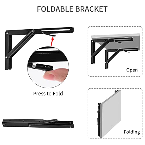 Image of YUMORE 14 Inch Folding Shelf Bracket, Heavy Duty L Bracket, Black, 2 Pack | 330 LB Load Capacity, Foldable Locking Design, Easy Release Lever, Easy Installation, Includes Hardware