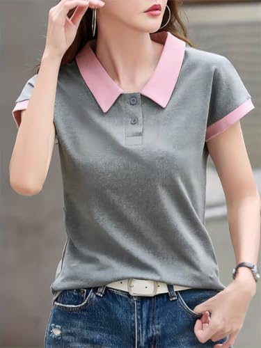 Image of GLASGO Pure Cotton Regular Fit Plain Solid Classic Polo Collar Half Sleeve T-Shirt for Women (Colors: Beige, Mustard, Gray, Pink)
