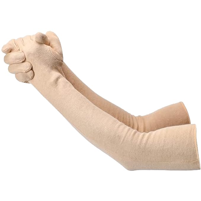 Image of Cotton UV Protection Arm Sleeves - Pack of 2 Beige Full Hand Sleeves with Finger Cover | Soft, Stretchable Sun Protection Gloves for Men & Women | Summer Driving, Biking Essentials