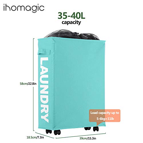 Image of Slim Rolling Laundry Basket with wheel, IHOMAGIC Rectangle Storage Hamper - Thin Laundry Basket Corner Fittable Laundry Bin Flexible handle Laundry Sorter For Dormitory, Hotel, 39x18.5x58cm 41L, Blue