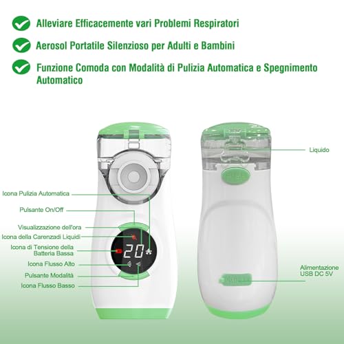 Aerosol Portatile Silenzioso con Digitaler Anzeige, Macchina Aerosol per Adulti Bambini con Boccaglio e Maschera, per Malattie delle Vie Respiratorie Superiori e Inferiori - Verde - 6