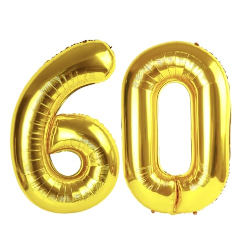 Image of Gold Number 60 Balloon 40 inch, 60 Number Balloons, 60th Gold Birthday Decorations, 60 Year Old Women Men Golden Party Supplies