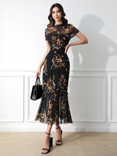 GothDark Women's Summer Floral Mesh Ruffle Dress Short Sleeve Round Neck Waist Cinched Casual Maxi Wedding Guest Dresses4
