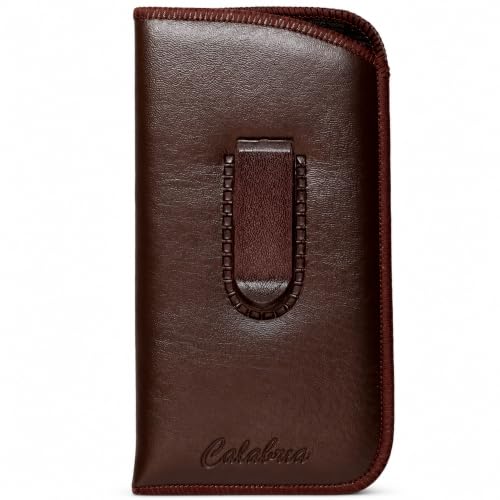 Image of Calabria Slim Eyeglass Case with Felt Lining -Brown W /Clip PU Leather | Soft Slip-In Glasses Sleeve | Pocket Clip Option | Protective Slim Eye Glasses Case Soft Pouch
