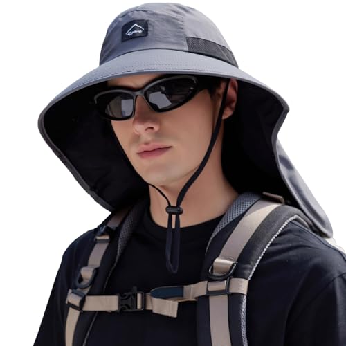 Image of Rosoz Outdoor Sun Hat for Men Women, UPF50+ Protection Safari Cap Wide Brim Mesh Fishing Hat with Neck Flap Beach Garden
