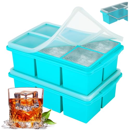 Image of Large Ice Cube Trays for Whiskey, Silicone Ice Cube Tray, with Reinforced Steel Ring Top, Makes 12 perfect 2-in ice cubes, Square Ice Tray for Cocktails, Whiskey, Coffee. (2 Pack)