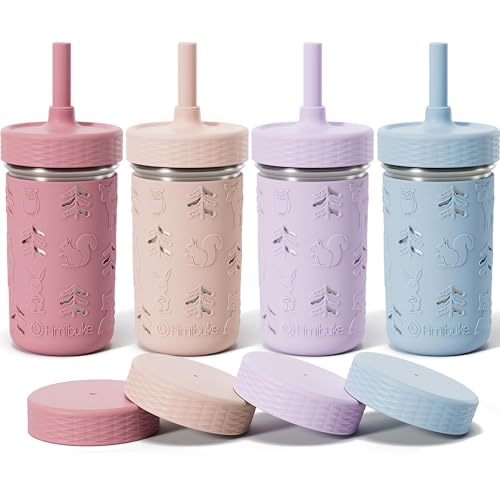 Fimibuke Toddler Cups Spill Proof, 12 OZ Sippy Cups for Kid Girl Boy, Leak Proof Stainless Steel Tumbler with Lid, Silicone Straw & Sleeve, BPA Free Dishwasher Safe Water Bottle Snack Container 4 Pack