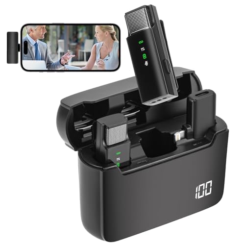 Wireless Microphone for iPhone Wireless Lavalier Microphone Wireless Microphones Mini Microphone with 800mAh Mic Charging box iPhone Microphone for Video Recording, Interview 328ft Transmission