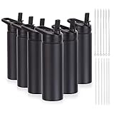 24oz Water Bottle with Straw & Handle 6 Pack, Stainless Steel Water Bottles Bulk, Dishwasher Safe & Leak Proof Gift for Men Women Sports Travel Gym Running Cycling Hiking, Black