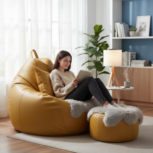 Image of KAM'S LIEU 6XL Jumbo Premium Bean Bag Chair with Footrest & Cushion | Filled with High Density EPS Beans | Comfortable Sofa for Living Room & Bedroom | 6 Months Warranty, Color- (YELLOW, 6XL, Premium)
