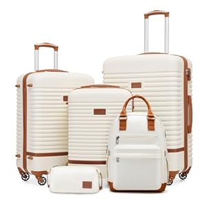 COOLIFE Koffer trolley koffer reiskoffer van ABS harde schaal trolley 4 wielen TSA-slot De koffer bevat 1 reisrugzak en 1 toilettas, wit/bruin., Koffer-Set 5tlg, Reisset, prachtig ontworpen,