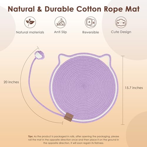 Image of Letalong Cat Scratcher Mat, Natural Cotton Rope Cat Scratch Pad, 15.7'' Round Horizontal Floor Cat Scratching Pads for Indoor Cats, Cat Furniture Protector for Wall, Couch, Carpets, Sofas, Purple