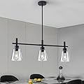 Pavloatu Black Kitchen Island Lighting, 3-Lights Modern Dining Room Light Fixture, Farmhouse Pendant Light Fixtures with Glass Shades, Adjustable Rectangle Linear Chandelier for Living Room