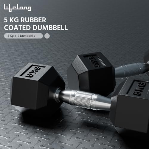 Lifelong Rubber Coated Hexa Dumbbell Set of 2 (5Kg x 2) for Home Gym – Weights for Men & Women – Exercise Equipment (Black)