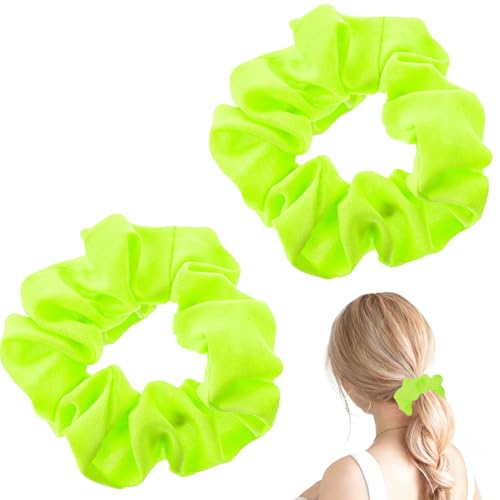 Green Scrunchie 2PCS Neon Scrunchie 80s Hair Accessories for Women Girl Solid Colors Elastic Hair Ponytail Holder for Party Outfits Workout Costumes and Ponytail Styling (Green)