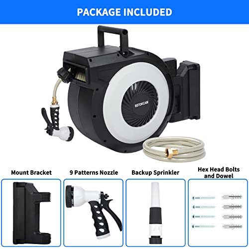 Heavy Duty Retractable Garden Hose Reel By Bstokcam, 100 Ft Wall Mount Water Hose Reels Outdoor Organizer- Self Winding Hose Reel Automatic Recoil Storage, Include Sprayer & Nozzle #TOP4