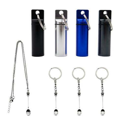 KURTOPLLY 4pcs Mini Metal Organizer Cases with Spoon Necklace, Powder Container with Mini Spoon Keychain Round Waterproof Seal for Fishing Essentials Kitchen Spice Pepper Outdoor Camping(4 Colors)