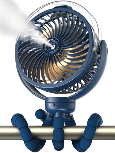 Image of Wavmill Misting Stroller Fan, 6000mAh Battery Operated Portable Fan with Light & 360° Pivoting, Personal Cooling Fans with Flexible Tripod for Baby, Office, Travel,Treadmill,Outdoors (Dark Blue)