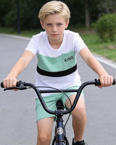 Image of OLMRJKD Boys 2 Piece Outfits Short Sleeve Colorblock T-shirt and Shorts Summer Casual Clothes for 6-12 Years