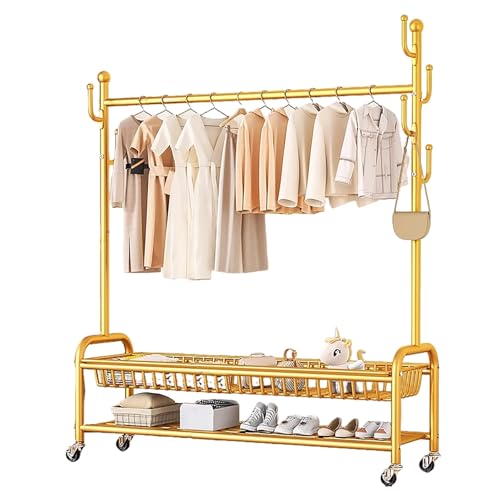 Burro Ropa, Perchero Colgador De Metal, Varillas Y Ganchos Para Colgar, Metálico Con Soporte Para Zapatos, Para Perchas, Camisas, Pantalones(Gold,120x172x36cm)