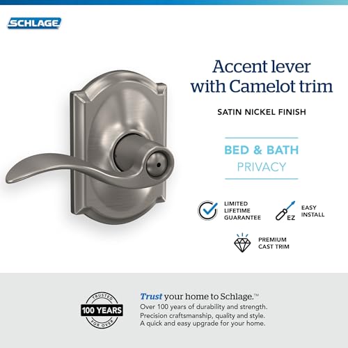 Image of Schlage F40 ACC 619 CAM Accent Door Lever with Camelot Trim, Bed & Bath Privacy Lock, Satin Nickel