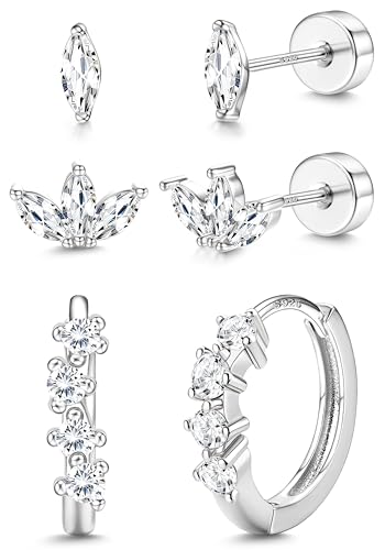 Sterling Silver Flat Back Earrings for Women Trendy Small Hoop Huggie Earrings CZ Cartilage Stud Earrings Set White Gold Plated Tragus Helix Earrings Piercing Jewelrys