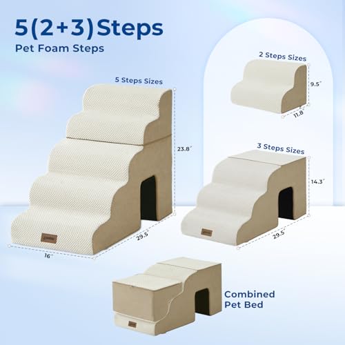 Dog Stairs for Large Dogs - 24" H Pet Stairs Ramp for High Bed 2 in 1 with Zippers Suitable for Cats, Indoor Cat Ladders with Non-Slip Bottom, Beige - Image 3