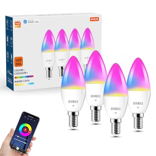 OHLUX Smart Candelabra LED Light Bulbs, 4W 40W Equivalent E12 Base, Compatible with Alexa Google Assistant, Color Changing Bulbs with 16 Million Colors, 2.4GHz WiFi, 4 Pack