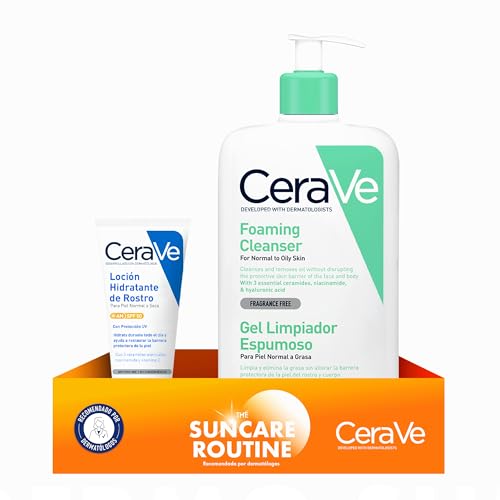 Rutina de Verano CeraVe, Loción Hidratante de Rostro SPF50, 52ml + Gel Limpiador Hidratante, Para Piel Normal a Seca, Con Ceramidas Esenciales y Ácido Hialurónico para Rostro y Cuerpo, 562ml