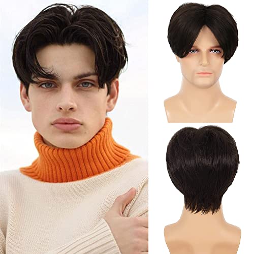Image of Swiking Short Brown Wigs for Men Middle Part Natural Looking Synthetic Hair Wigs for Male Daily Party Replacement Wig (Brown)