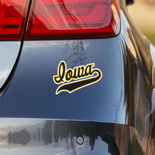Image of Nudge Printing University of Iowa Vintage Script Iowa Black and Gold Weatherproof Vinyl Sticker Car Decal from