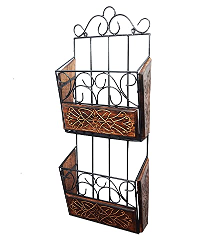 Image of Wall Magazine Rack | Wood & Wrought Iron Newspaper Holder | Book Storage Wall Shelf | Home & Office Organizer | Black & Natural | 67x28x11 cm