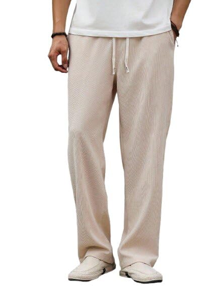 Men's Cream Trousers with Adjustable Waist Drawstring, Relaxed Straight Fit Comfortable Casual Pants for All Season Daily Comfort for Modern Styling-image-10