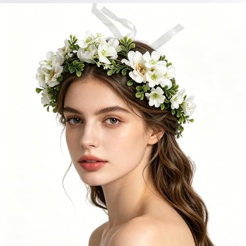 Efficewery Flower Crown Floral Headband, Adjustable Flower Hair Wreath with Peach Blossom & Magnolia for Wedding Bridal, Boho Floral Crown Headpiece for Women (White Peach Blossom)