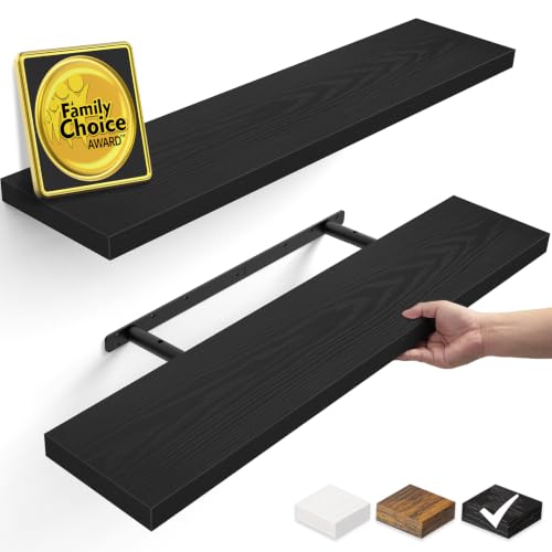 Image of BAYKA Floating Shelves for Wall, 35.4 inches Long Wall Mounted Rustic Wood Shelves for Bathroom, Bedroom, Living Room, Kitchen, Office, Hanging Shelf for Books /Storage /Decor(Black,Set of 2)