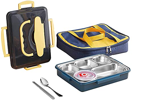 ArderLive Bento Lunch Box, Stainless Steel Divided Lunch Box with 5 Compartments, Leakproof Lunch Container With Lunch Bag Spoon Chopsticks For Adults Office Camping
