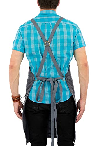 Under Ny Sky Cross-Back Slate Gray Apron - Durable Denim With Leather Reinforcement And Split-Leg - Adjustable For Men And Women - Pro Chef, Tattoo, Baker, Barista, Bartender, Stylist, Server Aprons #TOP3