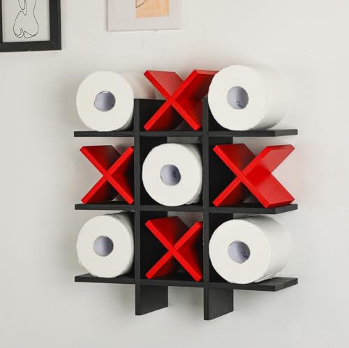 Weysat Tic Tac Toe Toilet Paper Holder Stand Bathroom Wall Decor Rustic Wooden Hanging Storage Freestanding Wall Mounted Shelves Decor for Toilet Tissue Farmhouse