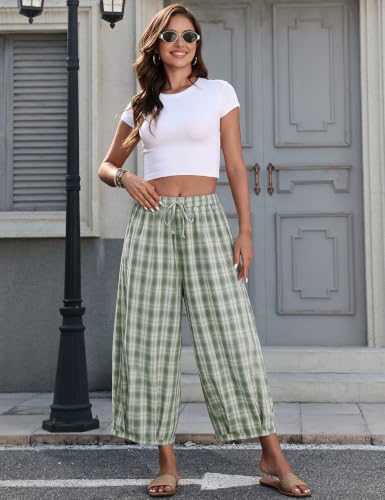 Image of TARSE Women's Plaid Cotton Linen Wide Leg Pants with Pockets