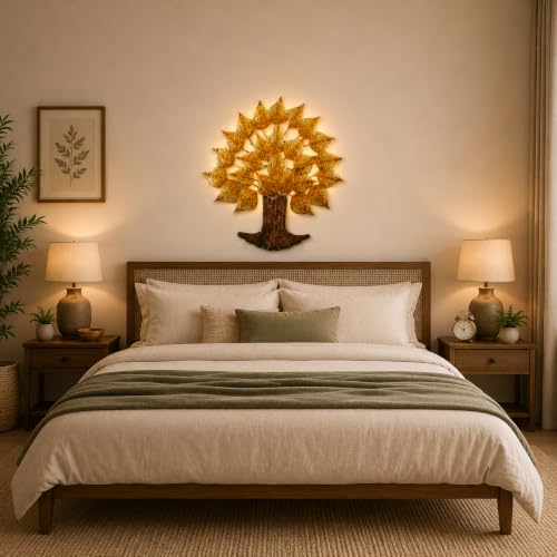 Image of Bharat Art Metal Tree Wall Art with LED Light for Living Room | Handcrafted Iron Tree Wall Hanging Home Decoration for Bedroom, Hall, Office & Entrance | Larch Tree | 24 * 2 * 24 inch | WD080