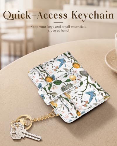 Image of Bistup Small Card Wallet for Women with Keychain, Lemon & Bird | durable material, clear ID window,, compact design for daily carry, sturdy keychain, aesthetic