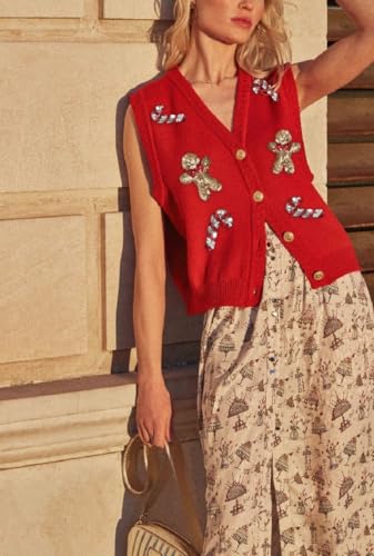 Image of Women Christmas Sweater Vests Santa Claus Print Sleeveless Knit Cardigan Vest Christmas Holiday Tank Top