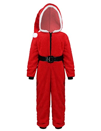 Yeahdor Enfant Garçon Fille Déguisement de Noël Santa Body à Capuche Grenouillère Costume Arbre de Noël Combinaison Pyjama à Manche Longue 4-12 Ans Rouge 4-6ans Cover