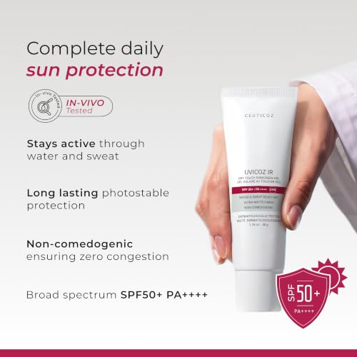 Image of Ceuticoz Uvicoz IR Dry Touch Sunscreen Gel | SPF 50 PA++++ | For Sunburn & Thermal Aging | Infrared & UV protection with matte finish | Uvinal A & Bemotrizinol | All Skin Types | 50g