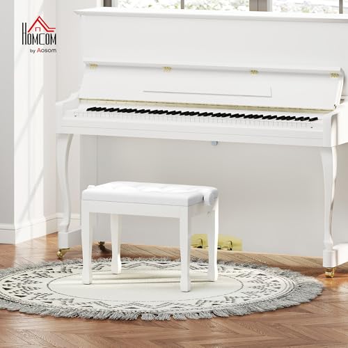 HOMCOM Taboret fortepianowy z regulacją wysokości, ławka do pianina z poduszką ze sztucznej skóry, taboret do keyboardu, 64 x 35 x 45-55 cm, biały