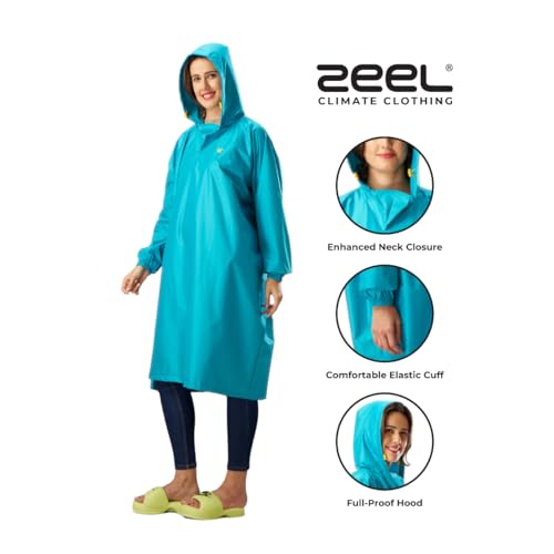 Image of ZEEL Unisex Outdoor Rain Poncho for Adult, Waterproof, Lightweight & Packable, Polyester Pullover Full Sleeves Hooded Rainwear, Raincoat for Camping, Hiking, Travelling (AZ33, Free Size, Columbia)