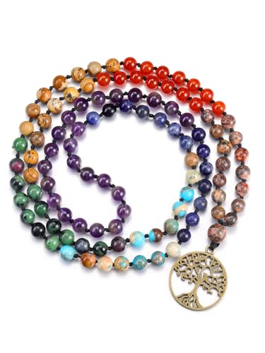 GEHECRST Damen 108 Perlen 7 Chakra Mala Kette mit Lebensbaum...